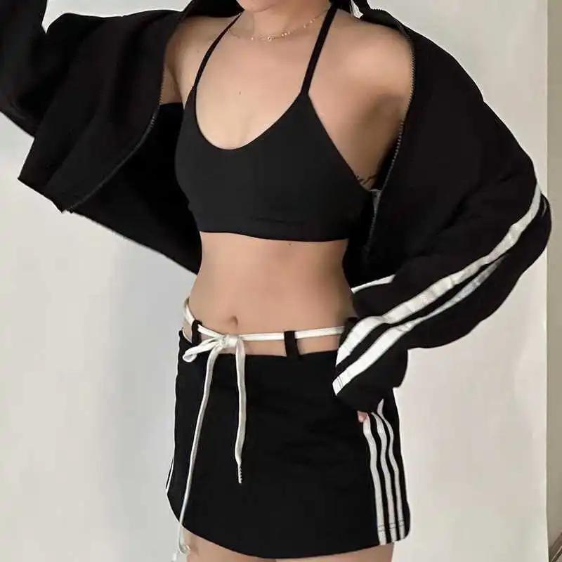 Y2K European and American women's lace up slim fit street girl half skirt hollowed out casual solid color short skirt