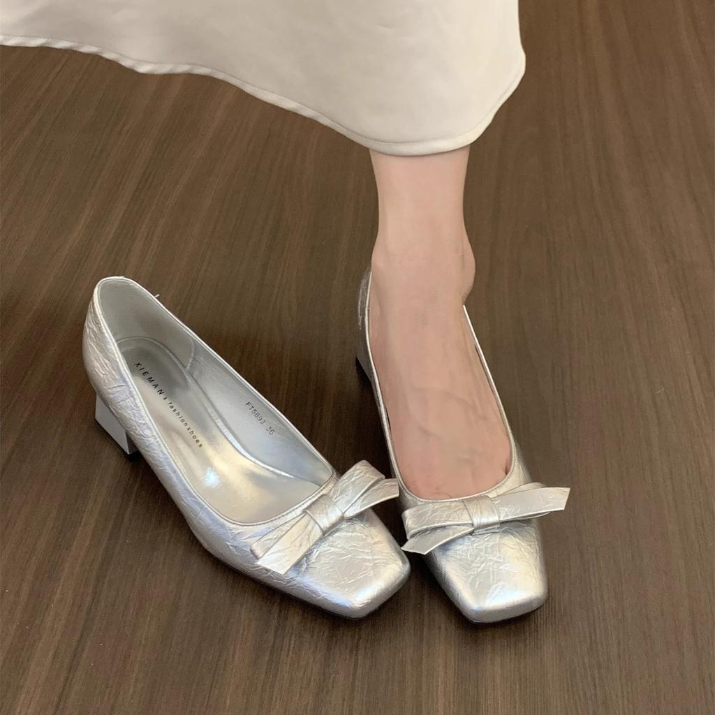 Burgundy High Heels 2025 Autumn French New Women's Shoes Square Head Bow Light Mouth Thick Heel Single Shoes