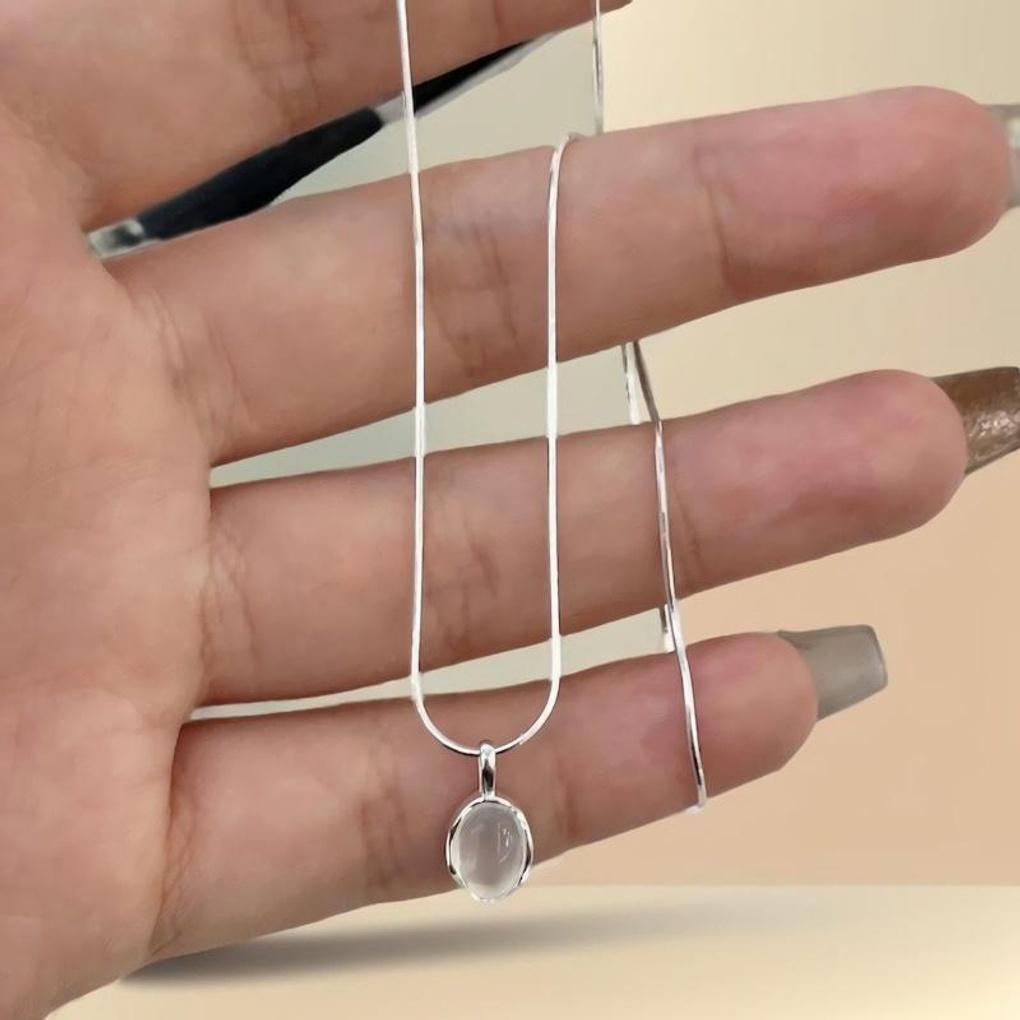 Women's 925 Silver Oval White Agate Snake Chain Necklace