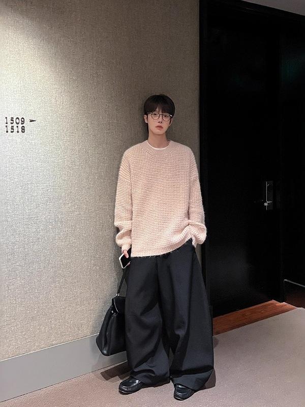 Unisex Pink Round Neck Knit Sweater, American College Style, Casual Loose Fit for Autumn and Winter