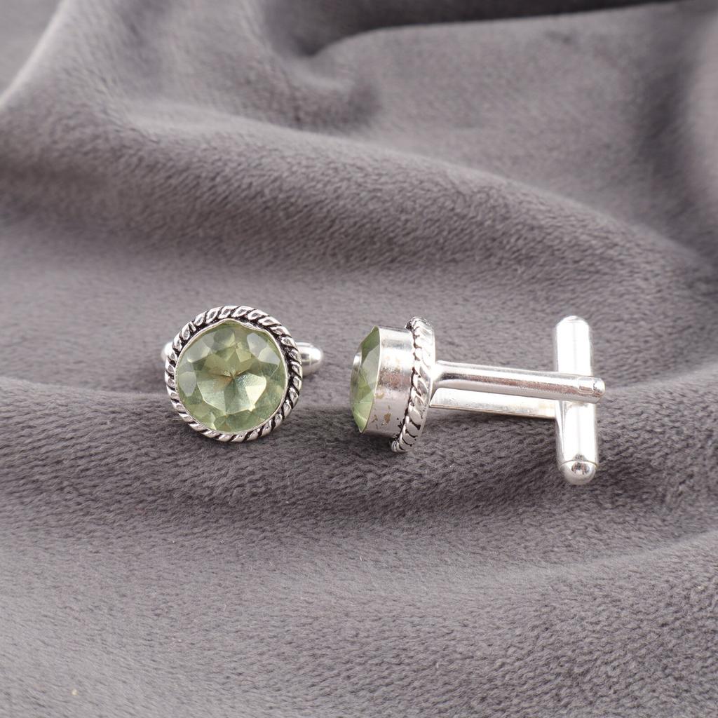 Round Green Amethyst Gemstone 925 Sterling Silver Jewelry Handcrafted Cufflinks CL-3-15