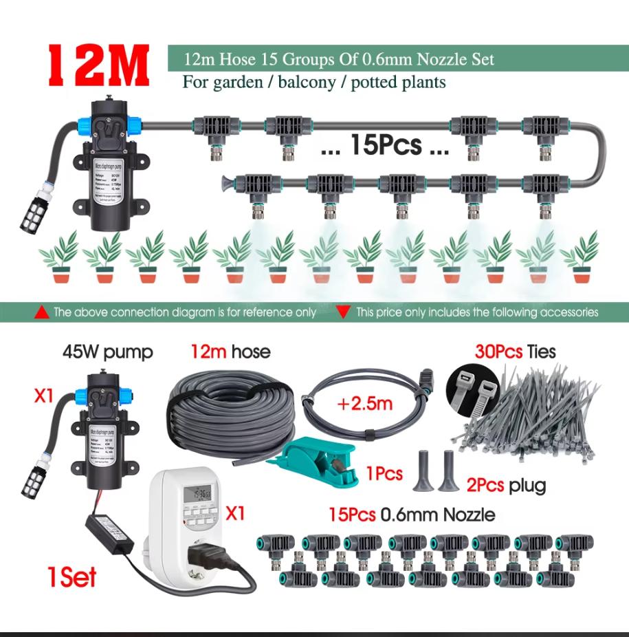 45W Pump Garden Irrigation Kit 0.6mm Misting Cooling System Self-priming 110-240V Power Supply Fine Atomization Sprayer Fittings