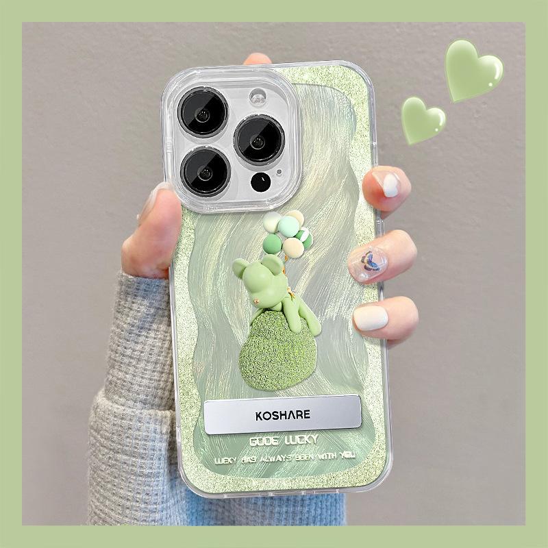 Applicable To Apple 15 Mobile Phone Case Iphone14 Balloon Bear Bracket 13pm Feather Yarn 12 Laser 11 Large Hole Anti-fall