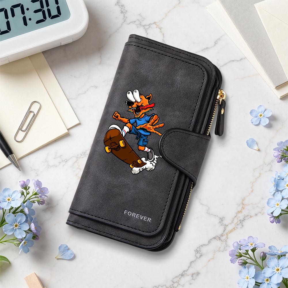Skate Fox Print Long Wallet Trendy Daily Card Holder Casual Portable Purse