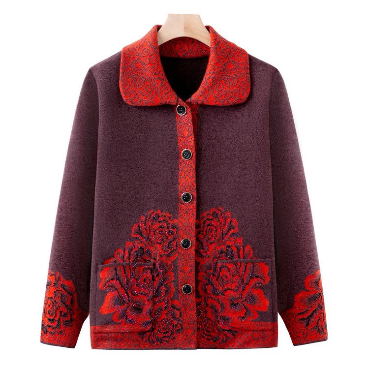 Mom Puts Knitted Cardigan Autumn and Winter Long-sleeved Tops for Middle-aged and Elderly People Plus Velvet Thickened Grandma Clothes Winter Sweater