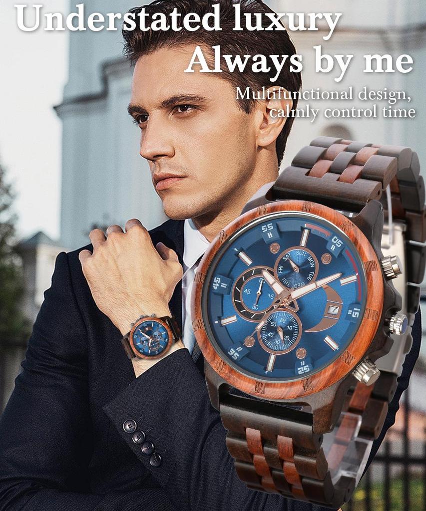Men's Quartz Wooden Watch with Luminous Multifunctional Large Dial