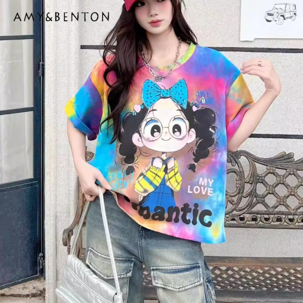 Women s Loose Fashion Pullover Tie-dye Short Sleeve T-shirts for Summer XXS