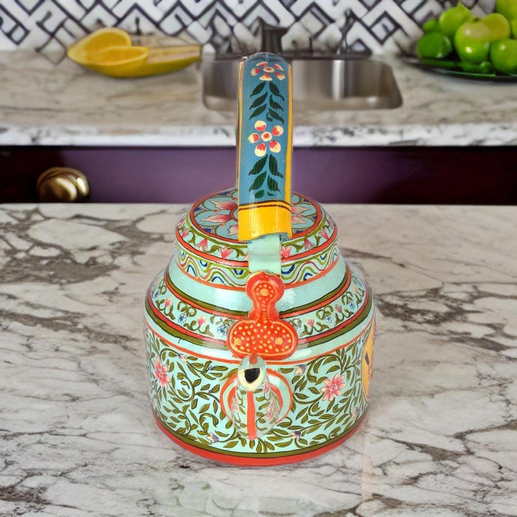 Traditional Handpainted Aluminum Kettle Tea Pot for Serving (Blue and White)