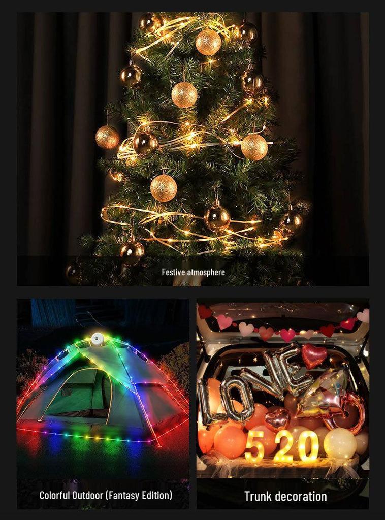 Retractable Solar String Lights for Outdoor Camping, Canopy Ambiance, Long Battery Life, Includes Measuring Tape