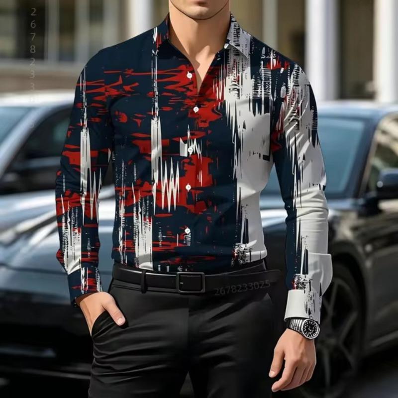 Men s Abstract Ink Splash Print Long Sleeve Shirt Lapel Collar Full Button Down Business Casual Dress Top S
