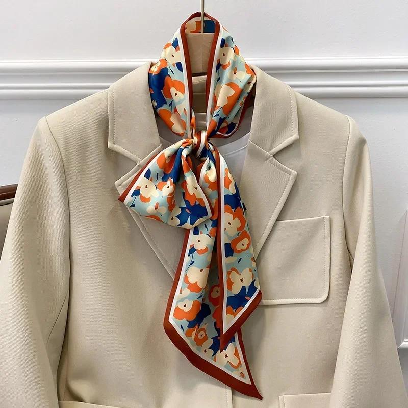 Fashion Silk Scarf for Women Narrow Long Wrist Small Ribbon Hair Band Scarves Foulard  Female Floral Print Kerchief