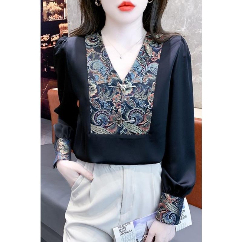 Women's Chinese Style Qipao Blouse V-Neck Frog Button Floral Print Long-Sleeve Top