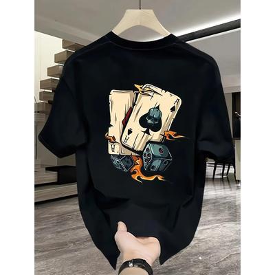 Men's Summer 100% Pure Cotton Fashionable Casual Loose Creative Poker and Dice Printed Sports Round Neck Short Sleeved T-shirt
