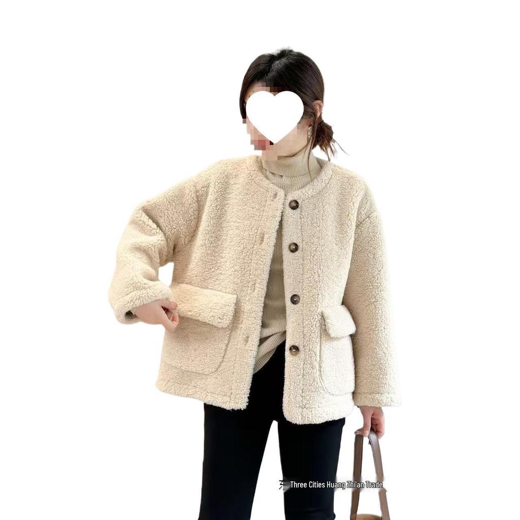 Women's Shearling Coat 2025 Autumn/Winter: Versatile Korean Style, Age-Reducing Loose Fit, Round Neck Top