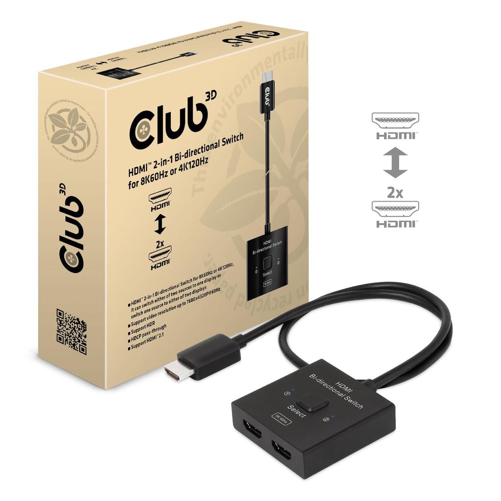 Club3D HDMI Bidirectional Switch 8K60Hz 4K120Hz 2 Input 1 Output / 2-in-1 Selector/Splitter (CSV-1384)