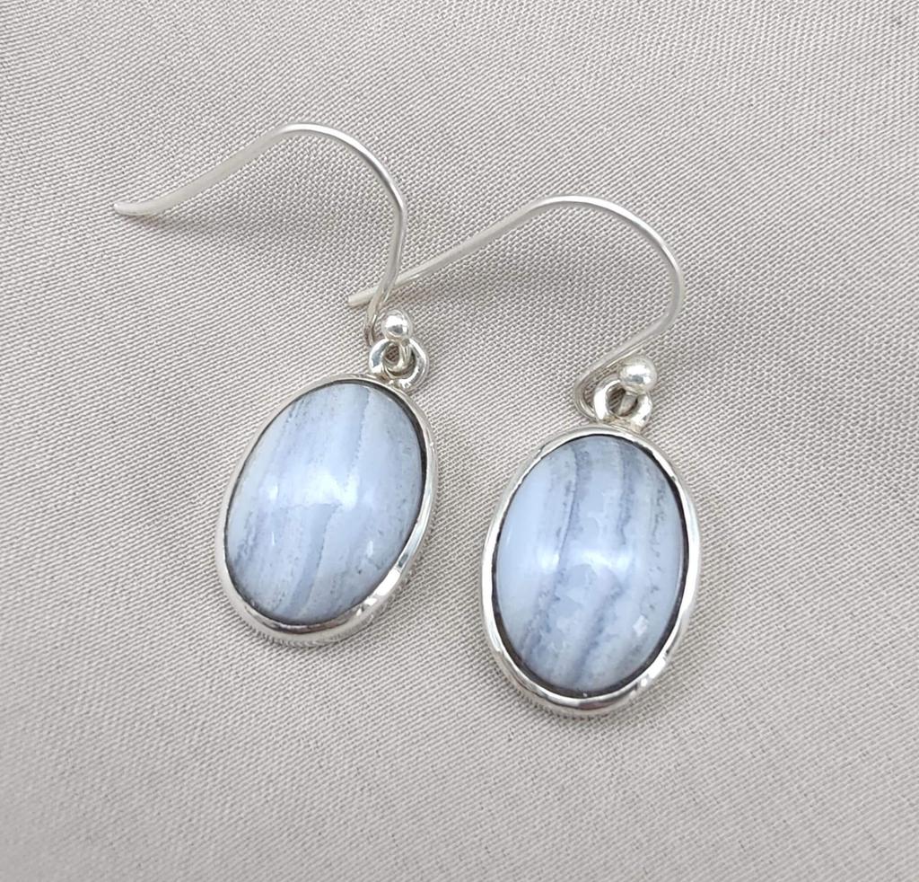 Blue Lace Agate 925 Sterling Silver Earrings: Boho Healing Crystal Jewelry
