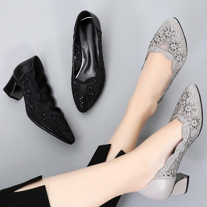 Summer Fashion Loafers Genuine Leather Pumps Women Luxury Medium Heel High Heels Mesh Ladies Office Shoes Sandals