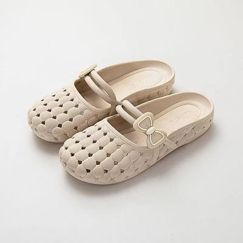 Women s Hollow Out Mules Bow Knot Flat Sandals Breathable Closed Toe Casual Slippers Non-slip Summer Outdoor Slides 36-37