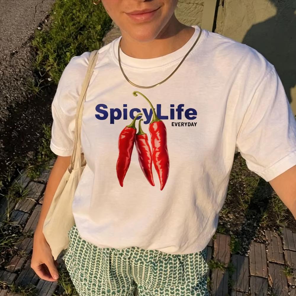 Funny Spicy Life Chili Pepper Graphic Cotton Tee Oversized Crewneck Casual Everyday Outfit Tshirt Aesthetic Kitchen Hum Tops