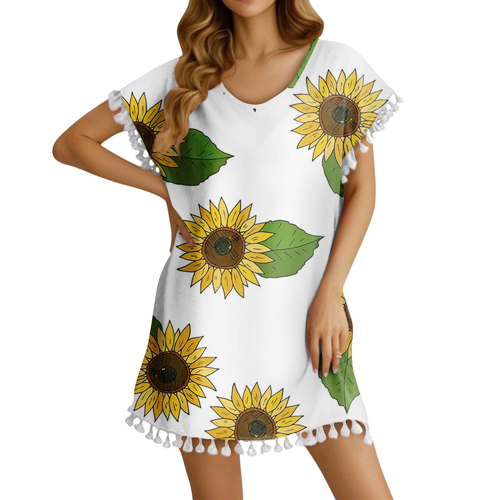 

Женское модное платье-футболка с круглым вырезом без рукавов и бахромой с цветочным принтом XL жёлтый