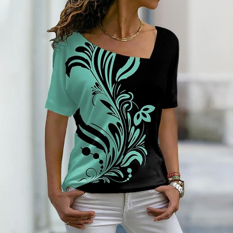 2024 Summer Women's Abstract Cool Printed Short Sleeves V Neck Female Casual Pullover Fashion Tops Elegant T Shirts New Design