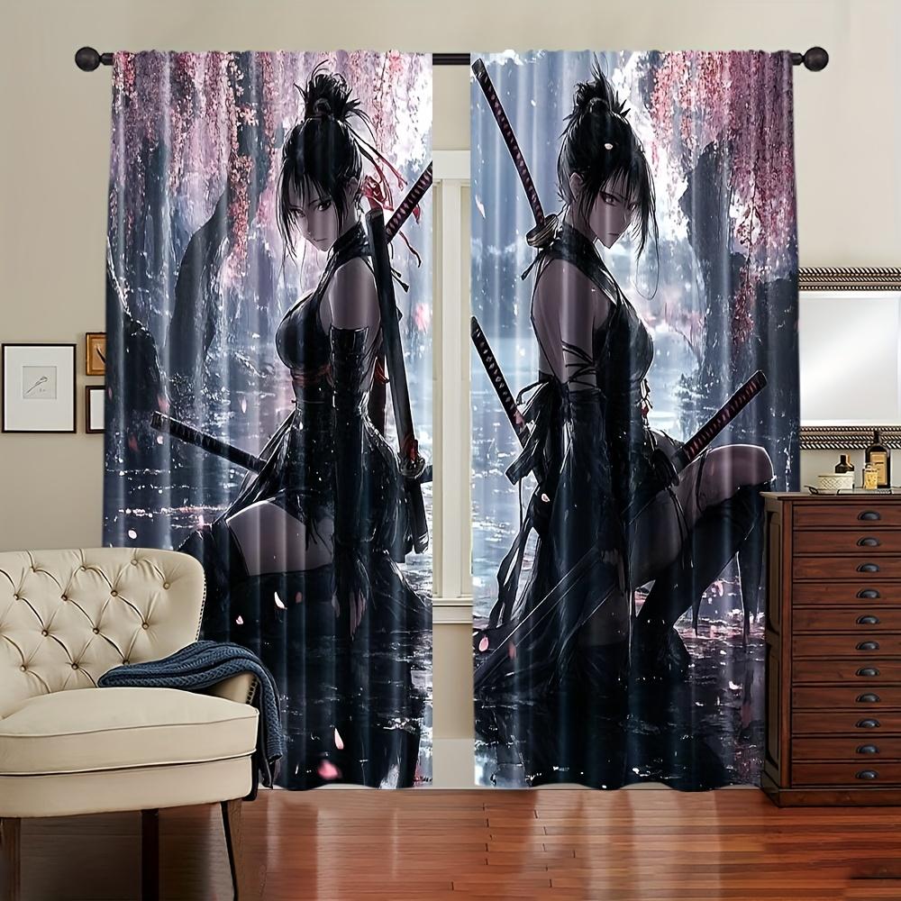2pcs Anime Samurai Girl Print Curtains Cherry Blossom Background Japanese Style Dark Design Polyester Window Drapes for Bedroom