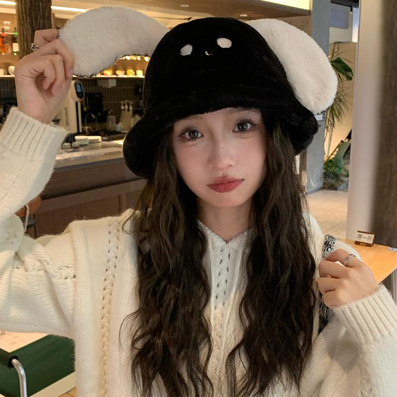 New Thick Plush Ears Puppy Fisherman Hat Warm Ear Protection Cold Basin Hat Cute Little Face Showing Hat for Women