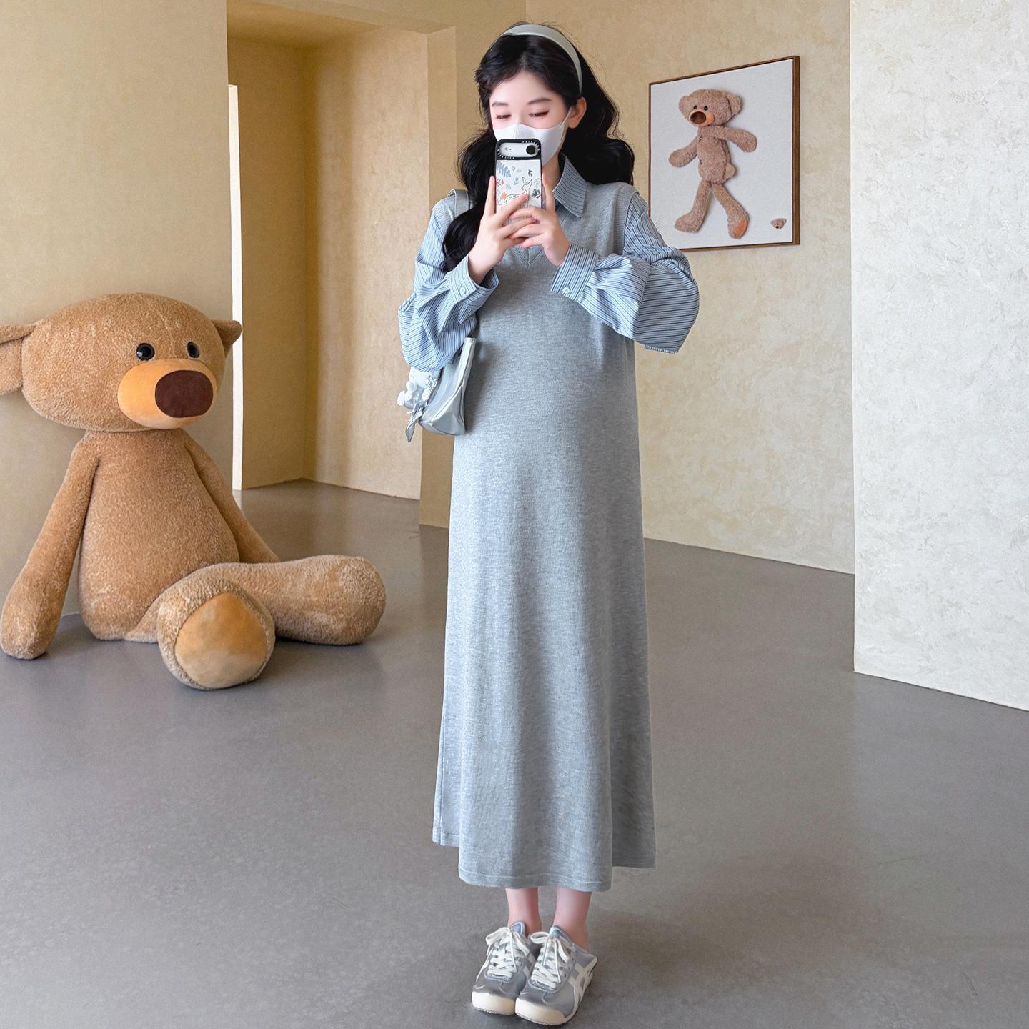 

Spring 2026 Plus Size Maternity Faux Two-Piece Stripe Shirt with Embroidered Knit Dress XL сірий колір