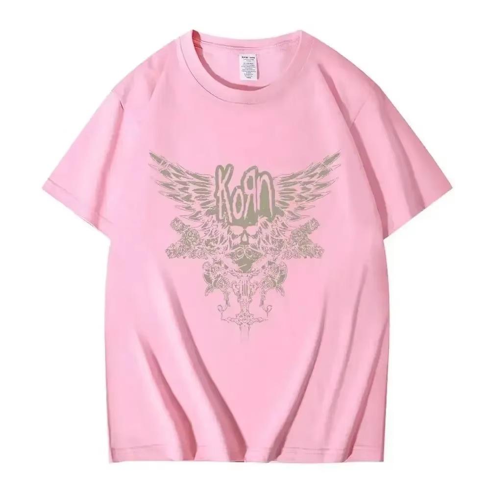 2024 Summer Korn Skull Wings Black T Shirt Women and Men Metal Gothic Band T Shirts Vintage Plus Size T-shirt Cotton Tops