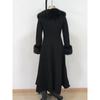 Women Wool Blend Coat Faux Fur Collar Cuffs Fitted Waist Flared Maxi Silhouette Outerwear Winter Elegant Street Overcoat