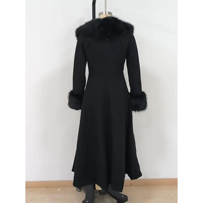 Women Wool Blend Coat Faux Fur Collar Cuffs Fitted Waist Flared Maxi Silhouette Outerwear Winter Elegant Street Overcoat
