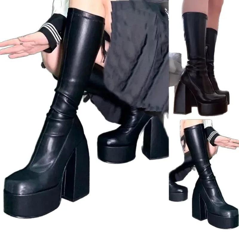 2025 New Large Size Square Toe Long Boots Women Thick Heel over Knee Slim Boot High Tube Knight Boot Women Winter Rubber Sole