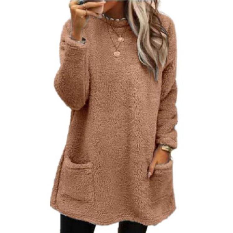 Warm Winter Hoodie Jacket Stylish Women Mid-length Fleece Shearling Thickened Solid Color Pocket Outwear