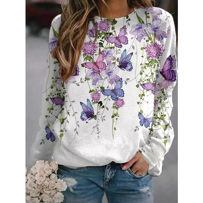 

YYFS женские модные повседневные весенне-осенние блузки и рубашки с круглым вырезом и длинными рукавами с цветочным узором и принтом S