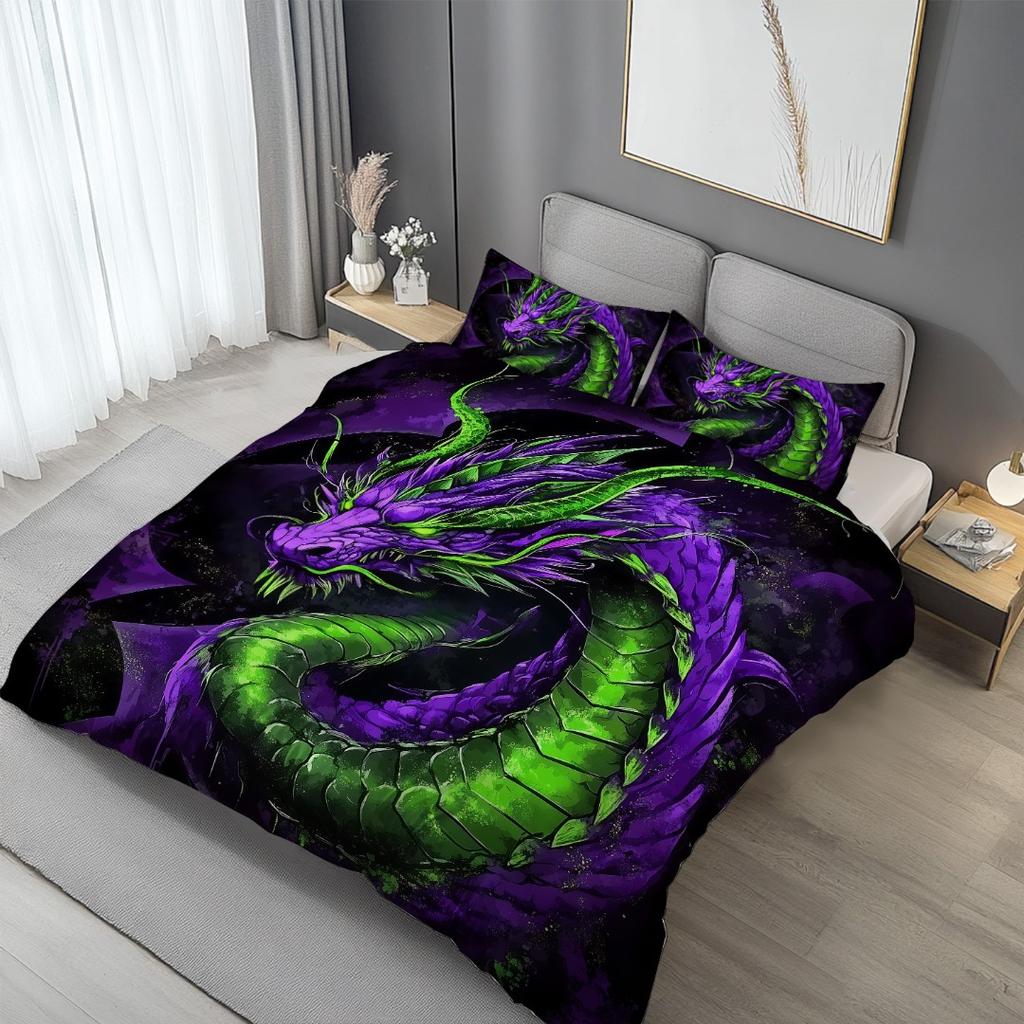 3pcs Mystical Dragon Duvet Cover Set 1 Quilt Cover + 2 Pillowcases Featuring a Majestic Purple and Green Dragon Soft