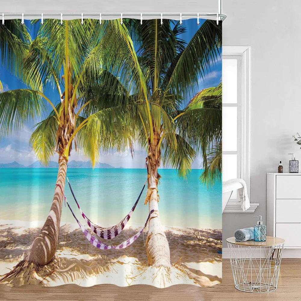 Seaside Beach Shower Curtains Summer Vacation Coconut Trees Seascape Sea Scenery Bathroom Decorations Polyester Bath Curtain