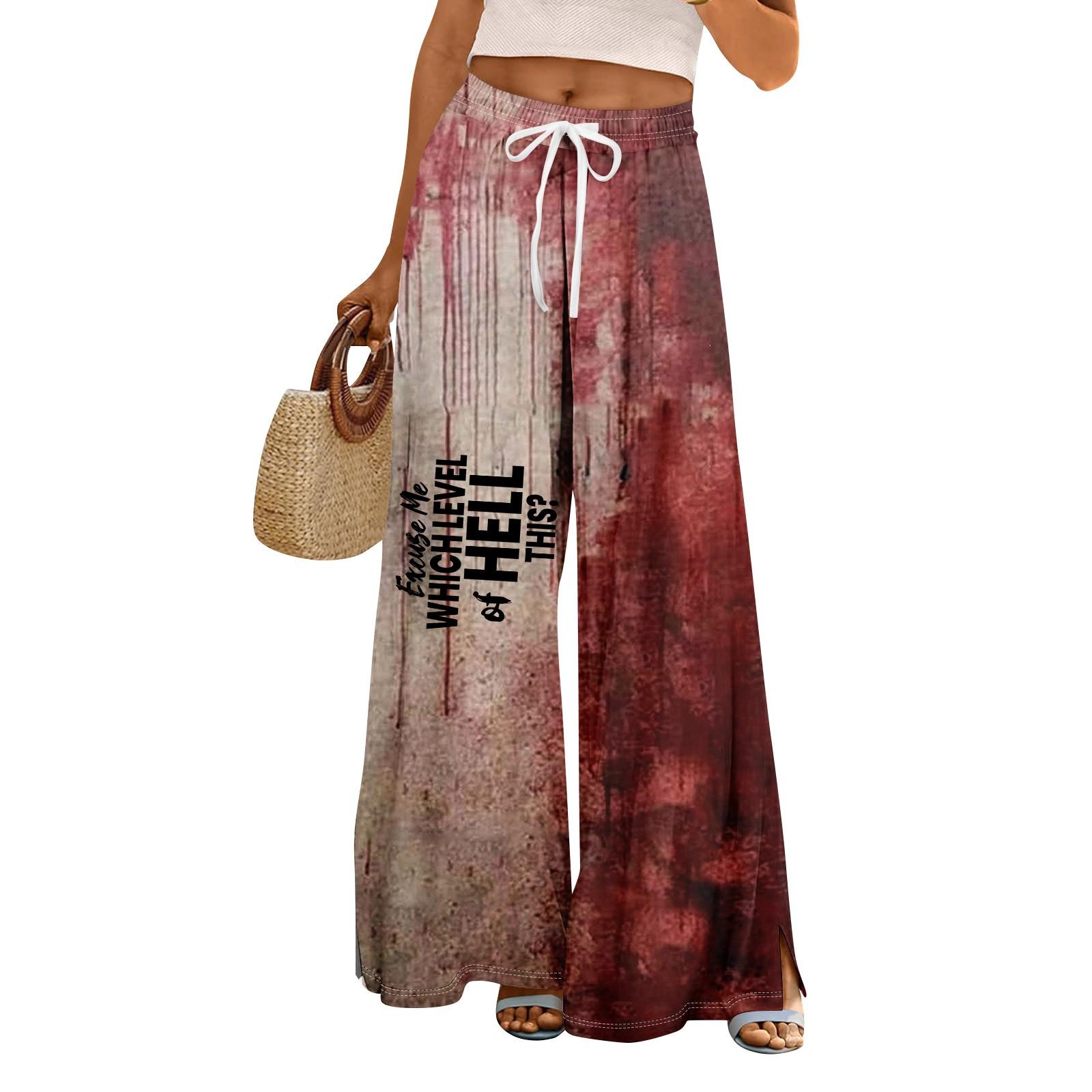 

Women Summer Boho Palazzo Pants High Waist Wide Leg Halloween Printing Casual Trousers With Pockets XL червоний