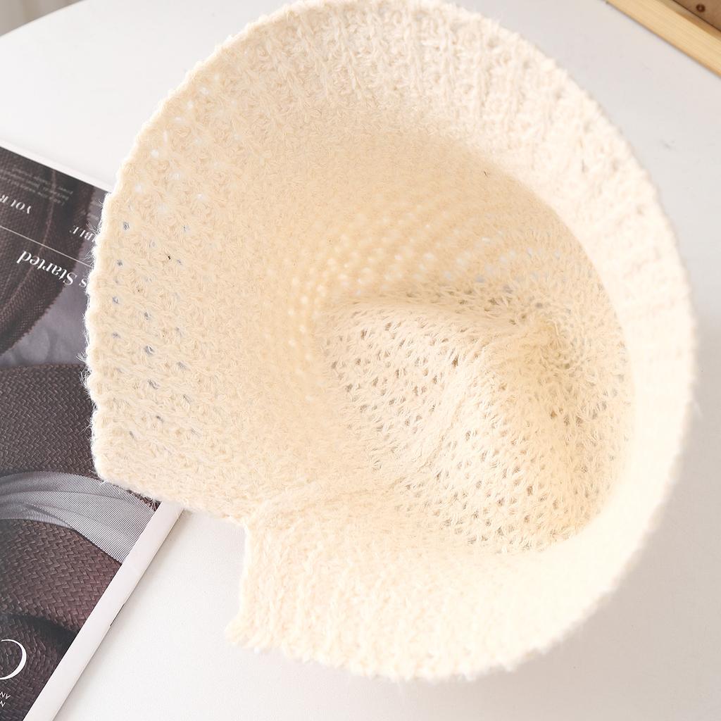 French Style Round Top Knit Bucket Hat - Women'S Winter Fisherman Cap With Hollow-Out Design, Warm Rolled-Edge Outdoor Headwear