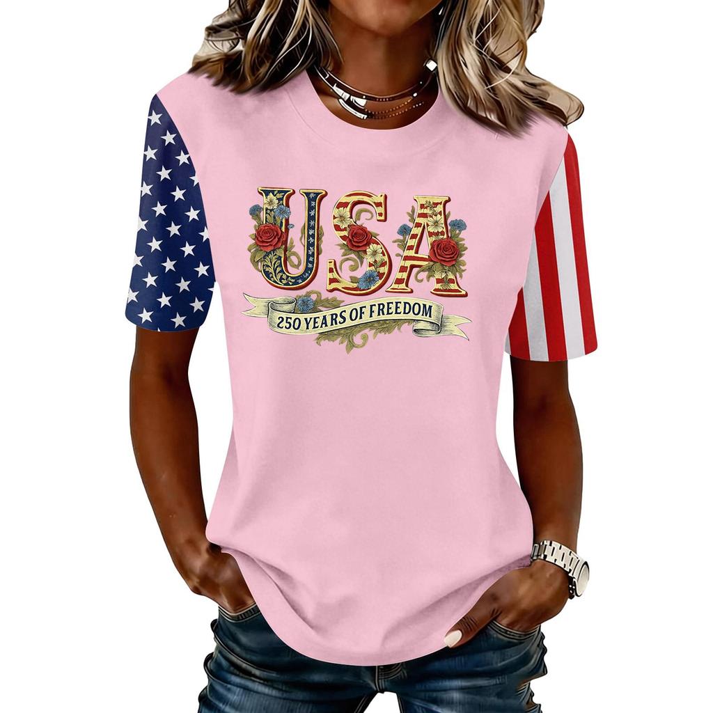 Women's Fashionable Casual Short Sleeve Print Round Neck Pullover Top