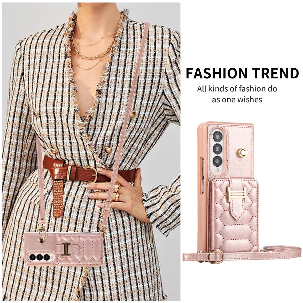 Crossbody Lanyard Phone Case for Samsung Galaxy Z Fold 7 6 5 4 3 Fold7 Fold6 Folio Wrist Strap Leather Card Holder Wallet Cover