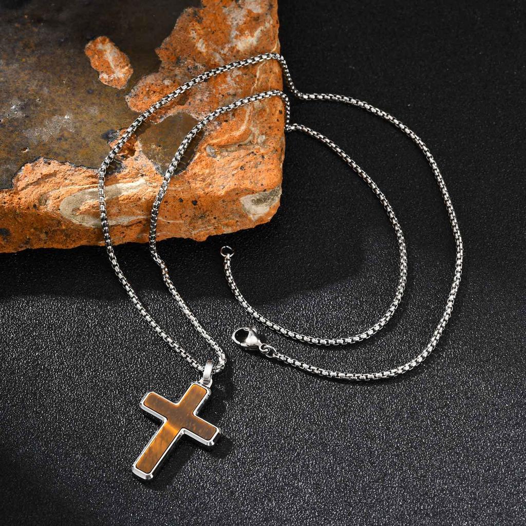 Stainless Steel Men'S Necklace Cross Turquoise Natural Tiger Eye Sweater Chain Pendant Pn-2224
