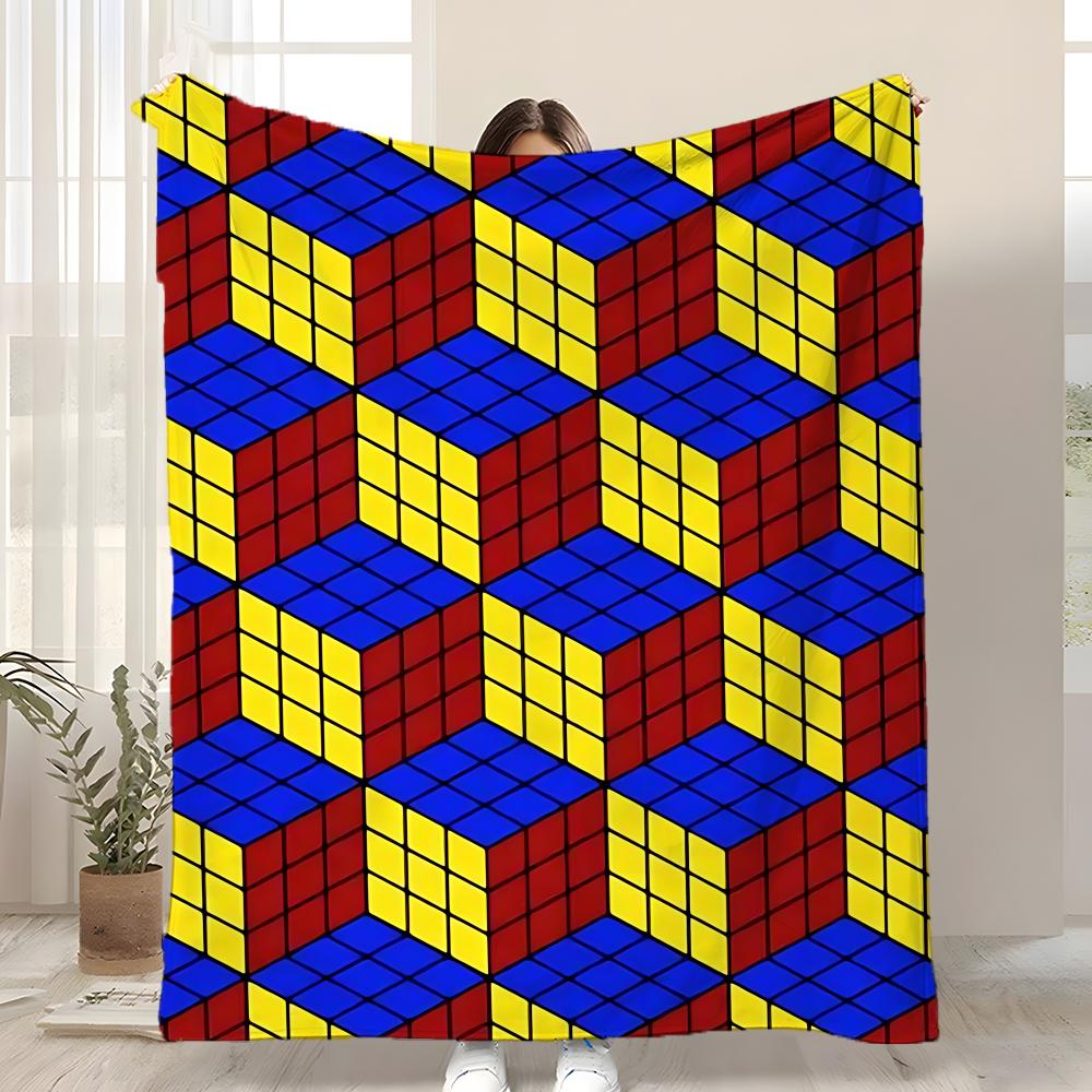 Cute cartoon style Rubik's cube Throw Kid-Friendly Flannel Throw Blanket Soft Warm Anti-Static Washable All Season