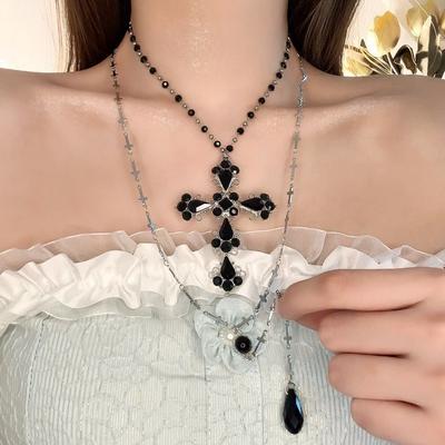 Goth Punk Layered Cross Pendant Necklace Women Alloy Chain Geometric Gothic Chic Statement Jewelry