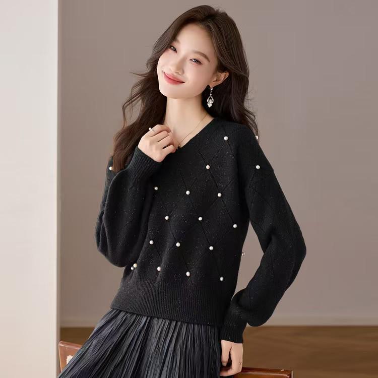 

Женский осенне-зимний шерстяной свитер с V-образным вырезом и бисером - с длинным рукавом, модный, универсальный вязаный пуловер. L чёрный
