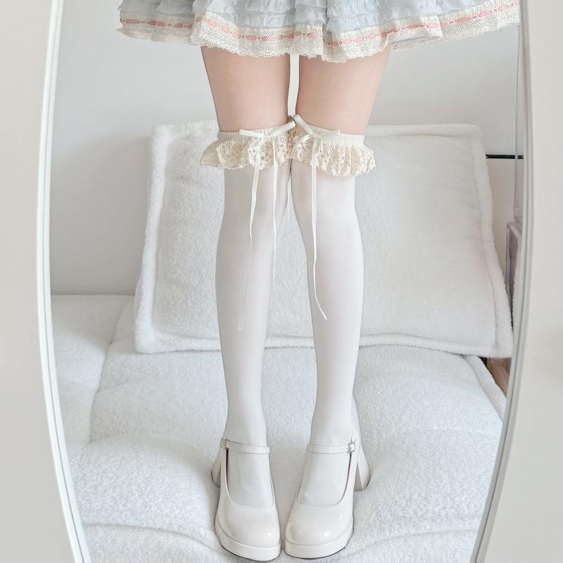Lace Lace Calf Socks Japanese Lolita Socks Women'S Autumn Thin White Stacked Socks Bow Mid-Leg Socks