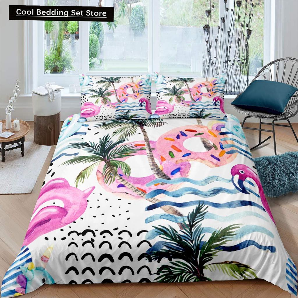 Summer Beach King Queen Duvet Cover Blue Ocean Fish Bedding Set Hawaiian Sea Palm Trees Quilt Cover Marine Life Comforter Cover