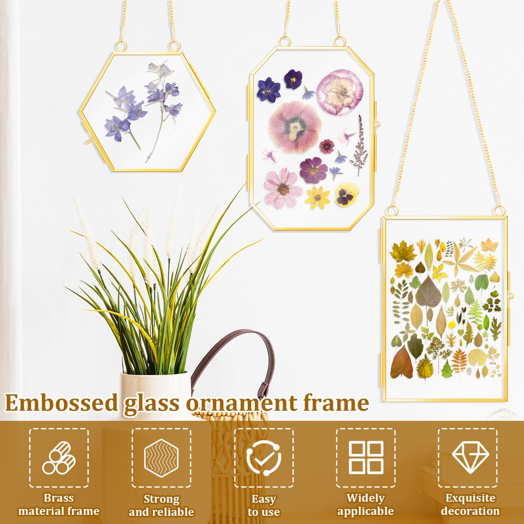 3 Stück geprägte Blumenrahmen mit Pinzette hängender Glasrahmen mit Metallkette goldener doppelstöckiger Glasrahmen elegant hängend