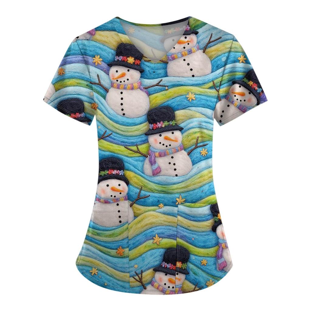 Women's Fashion Printed Short Sleeve V Neck Pattern Tops Pocket Working T-shirts