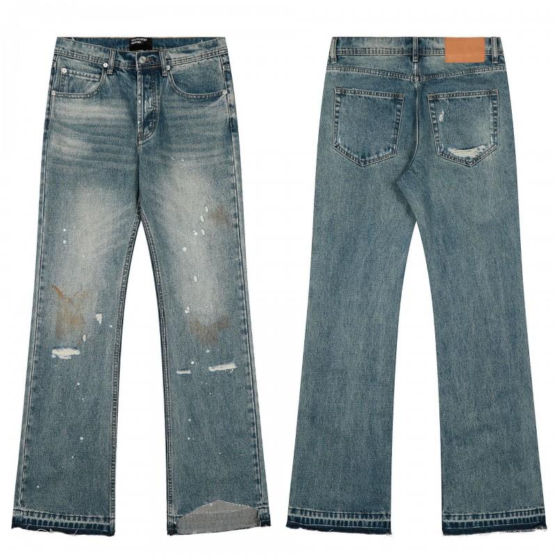 Mens Distressed Straight Fit Denim Jeans With Embroidery Mid-Rise Water Washed Cotton Blend Streetwear Casual Pants
