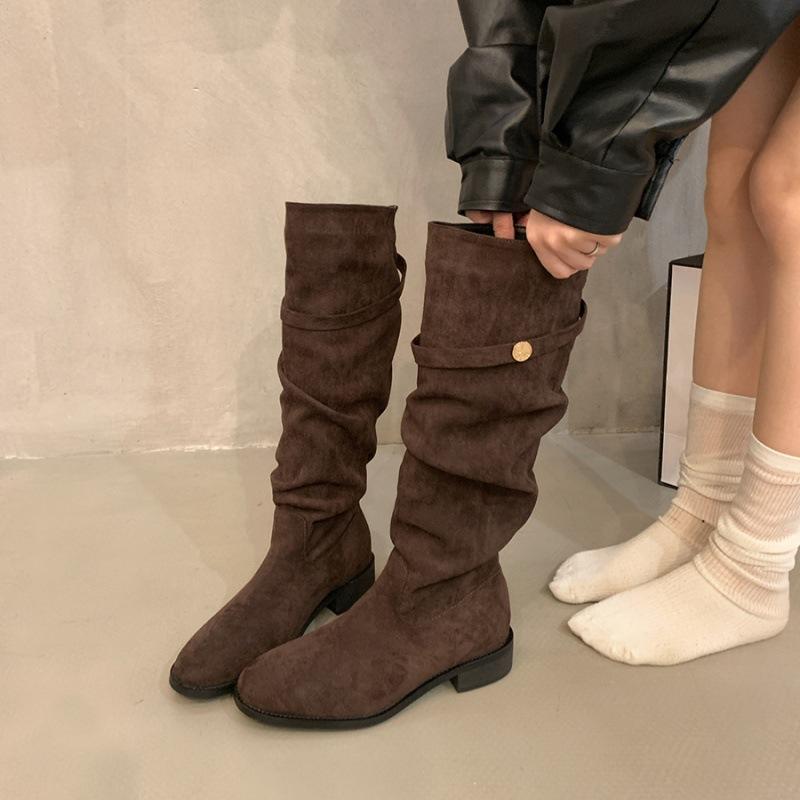 French Thick Heel Apricot Suede Piled Boots Women's Shoes 2025 New Spring and Autumn Winter Versatile Thin Long Boots
